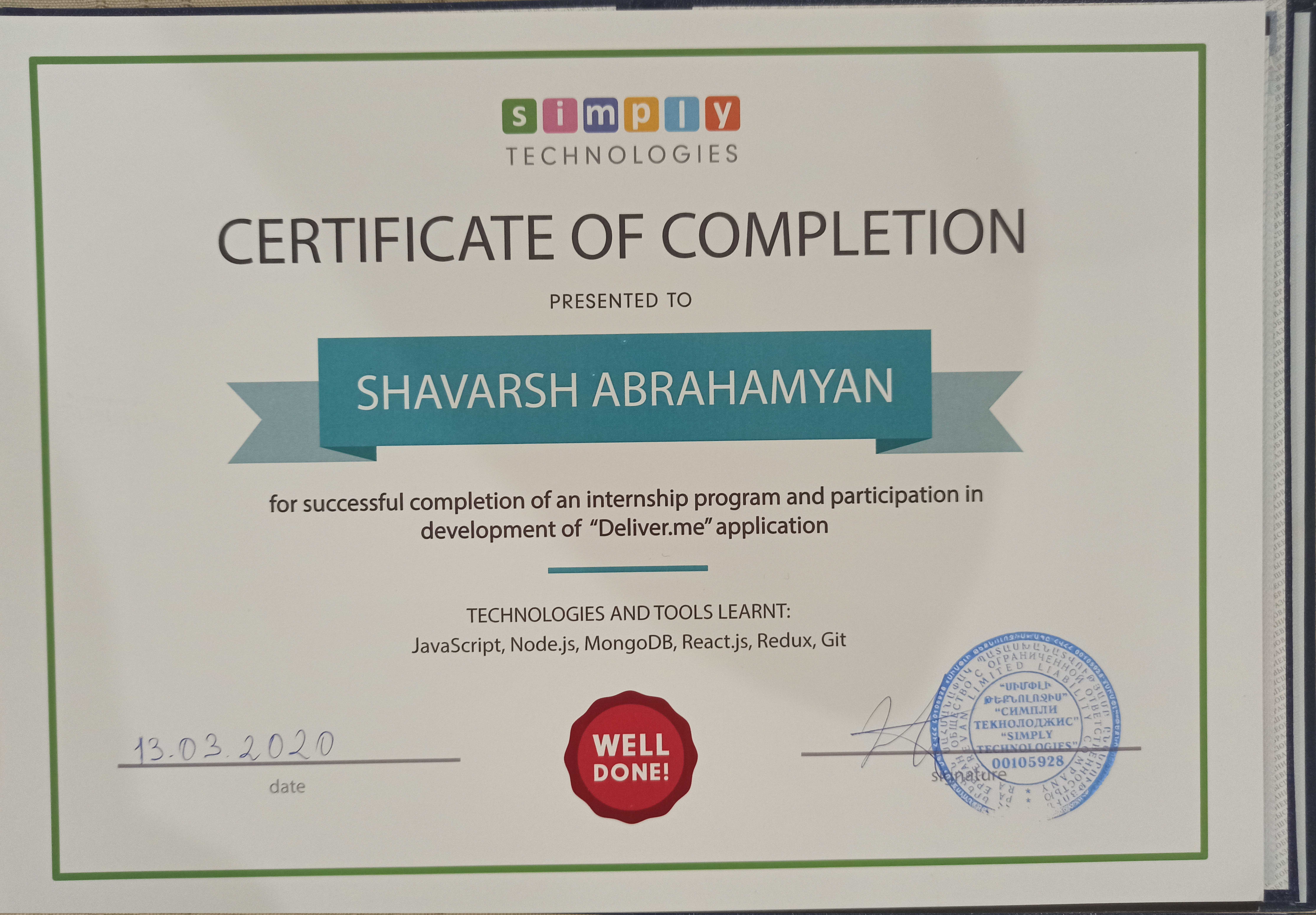 Certificate of Completion